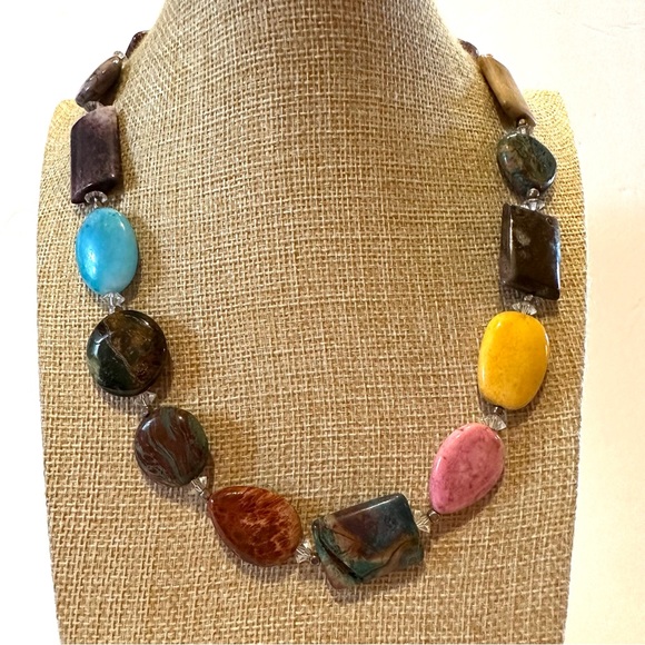 Multi Gemstone Genuine Collar Necklace in tans, browns, blue, yellow, pink - Picture 1 of 12
